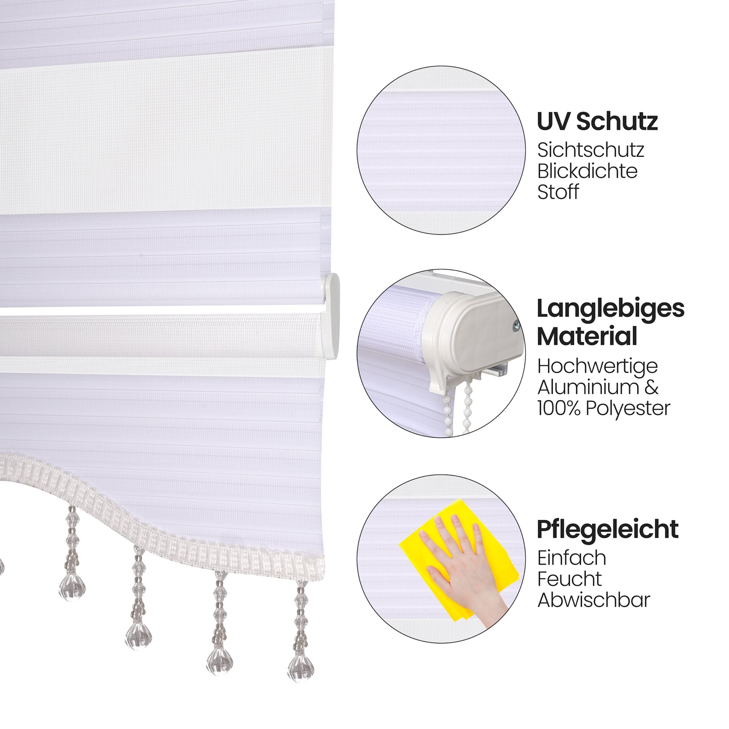 Zebra Perde Doppelrollo Perlen Klemmfix Rollo ohne Bohren Einfarbe Weiß