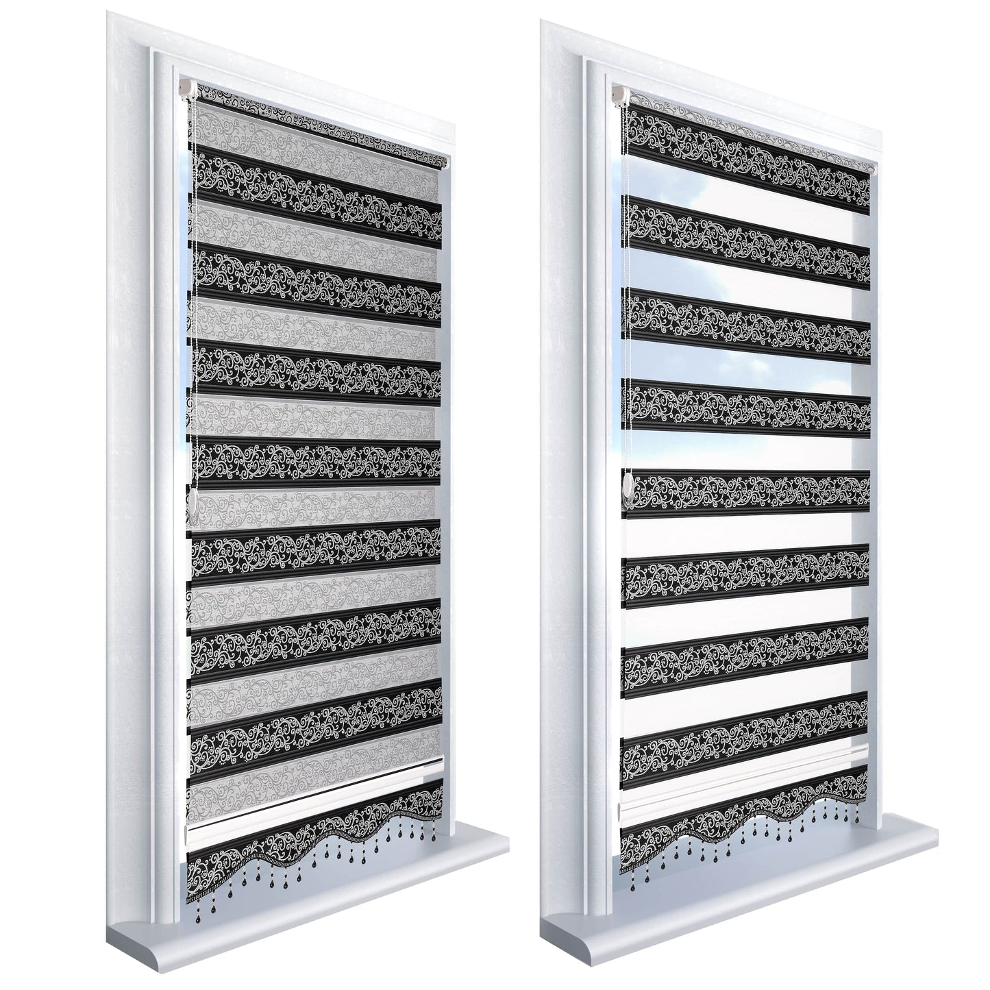 Doppelrollo Blickdicht Fenster Rollo Klemmfix Duo Rollos Ornament Schwarz Silber
