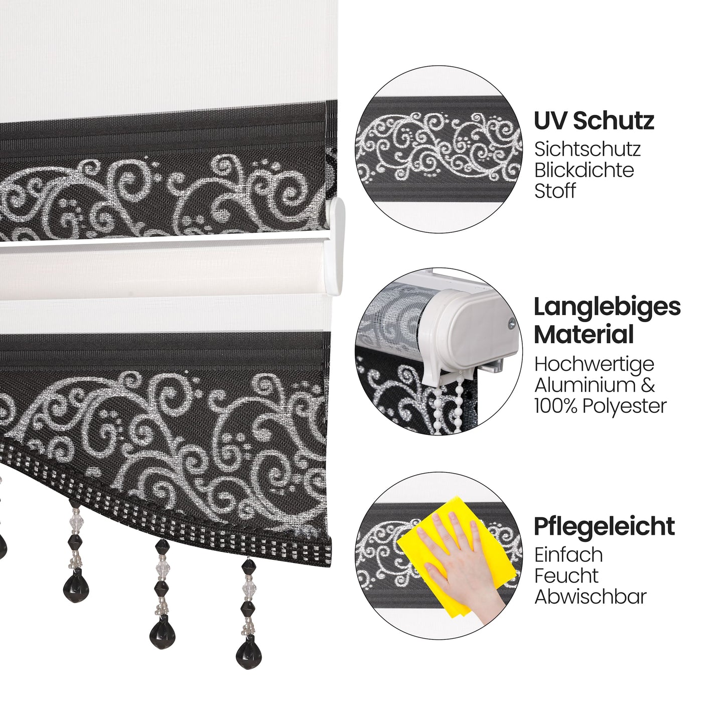 Doppelrollo Blickdicht Fenster Rollo Klemmfix Duo Rollos Ornament Schwarz Silber