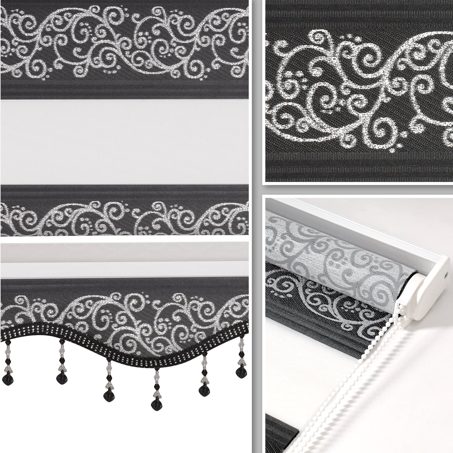 Doppelrollo Blickdicht Fenster Rollo Klemmfix Duo Rollos Ornament Schwarz Silber