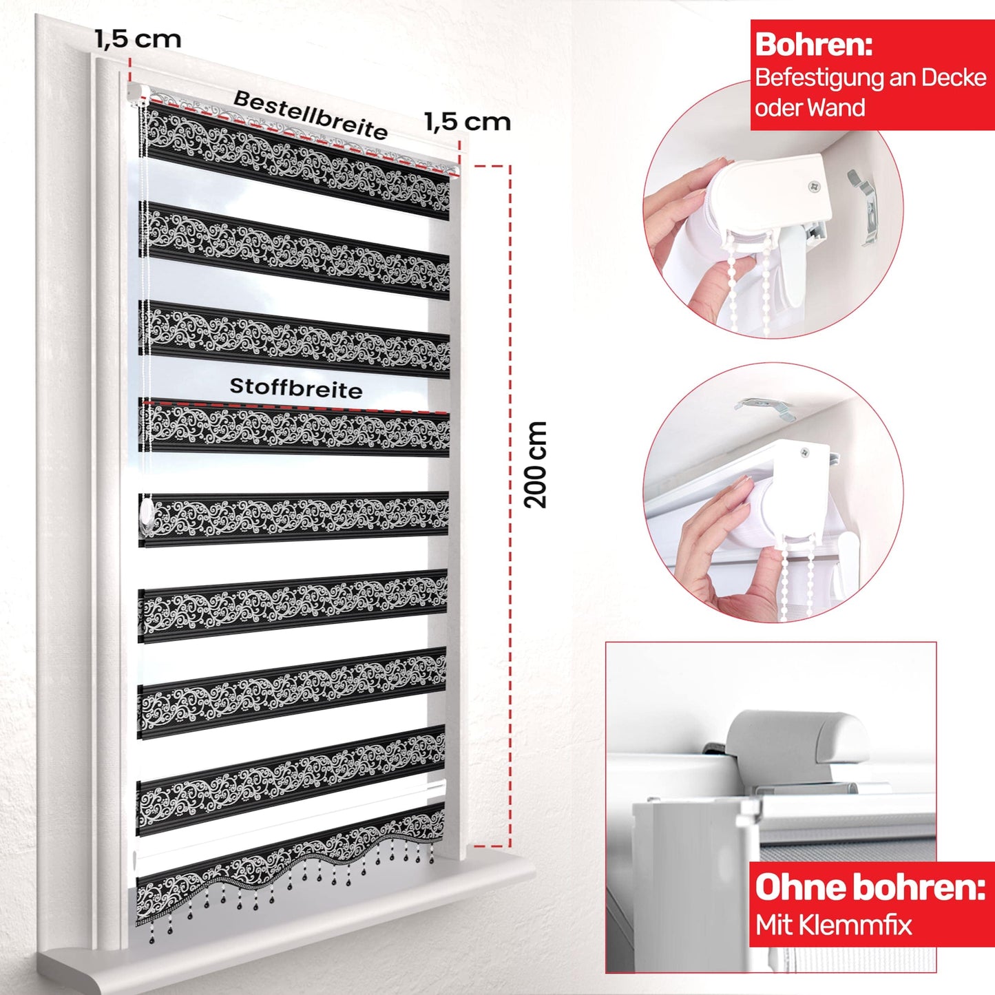 Doppelrollo Blickdicht Fenster Rollo Klemmfix Duo Rollos Ornament Schwarz Silber