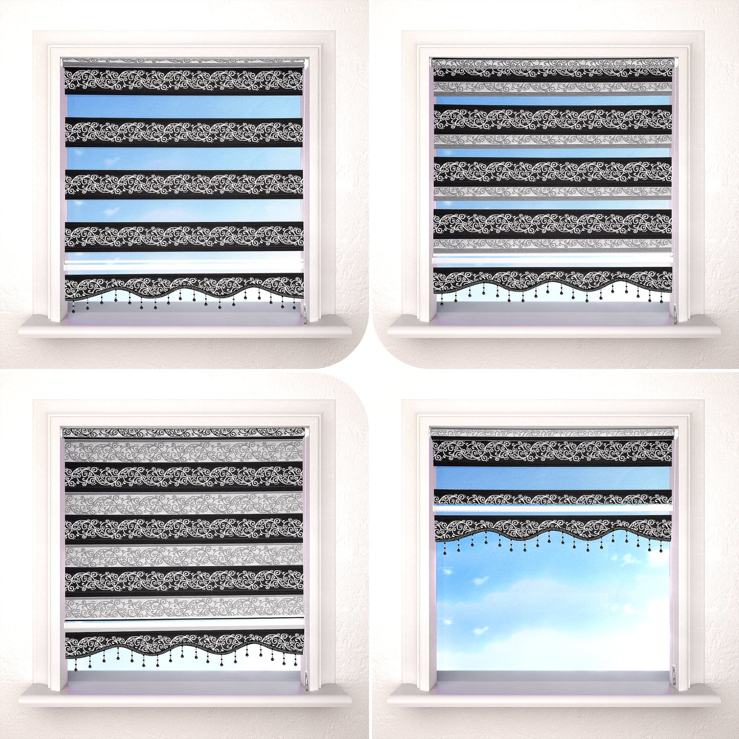 Doppelrollo Blickdicht Fenster Rollo Klemmfix Duo Rollos Ornament Schwarz Silber