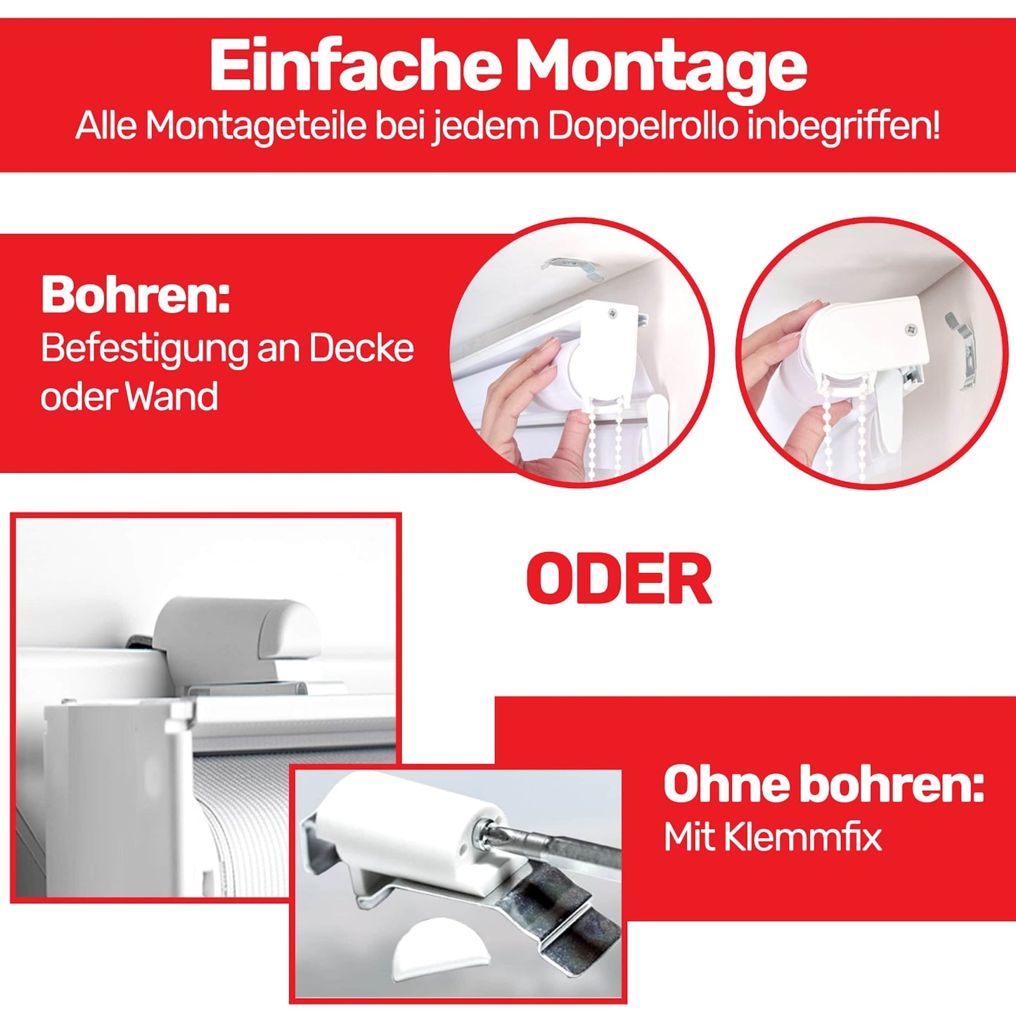 Zebra Perde Doppelrollo Perlen Klemmfix Rollo ohne Bohren Einfarbe Weiß