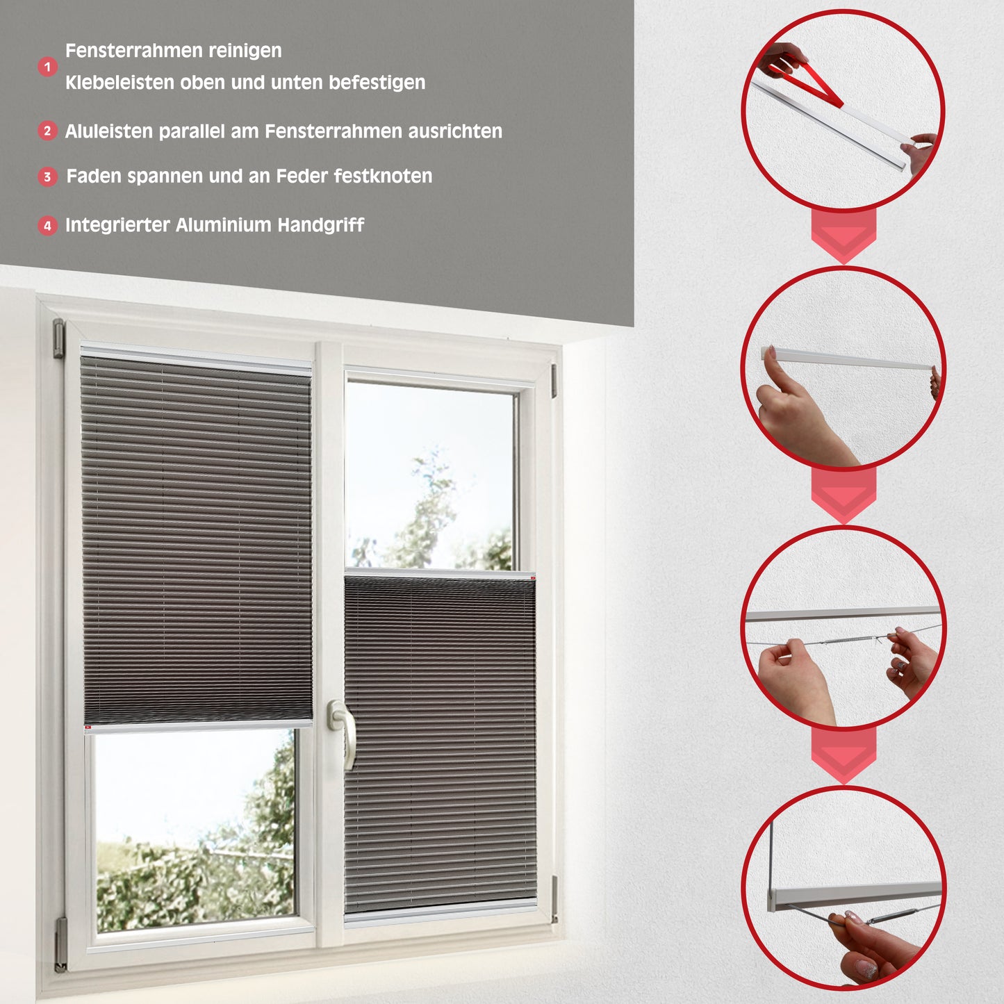 Plissee Rollo ohne Bohren mit Aluminium-Klebeleiste – Sichtschutz für Fenster & Türen in 5 Farben – einfache Montage ohne Werkzeug – viele Größen verfügbar