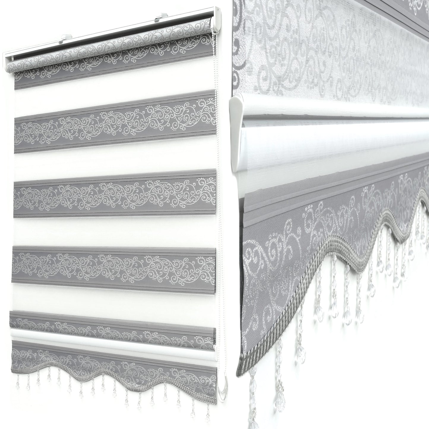 Doppelrollo Zebra Rollo ohne Bohren Klemmfix Grau Silber Ornament mit Perlen