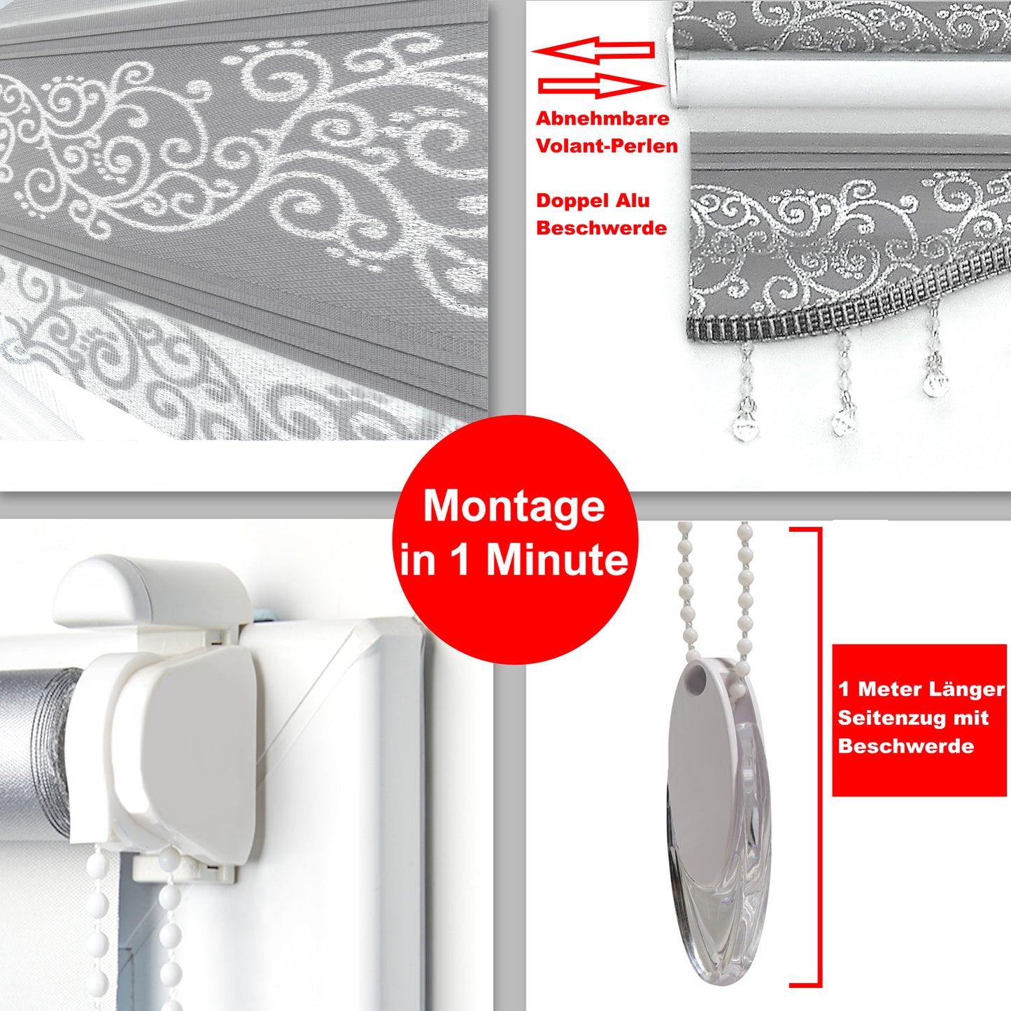 Doppelrollo Zebra Rollo ohne Bohren Klemmfix Grau Silber Ornament mit Perlen