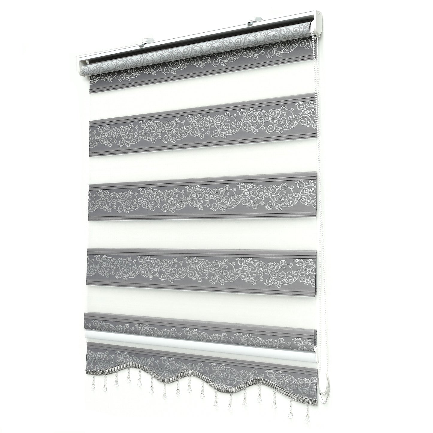 Doppelrollo Zebra Rollo ohne Bohren Klemmfix Grau Silber Ornament mit Perlen